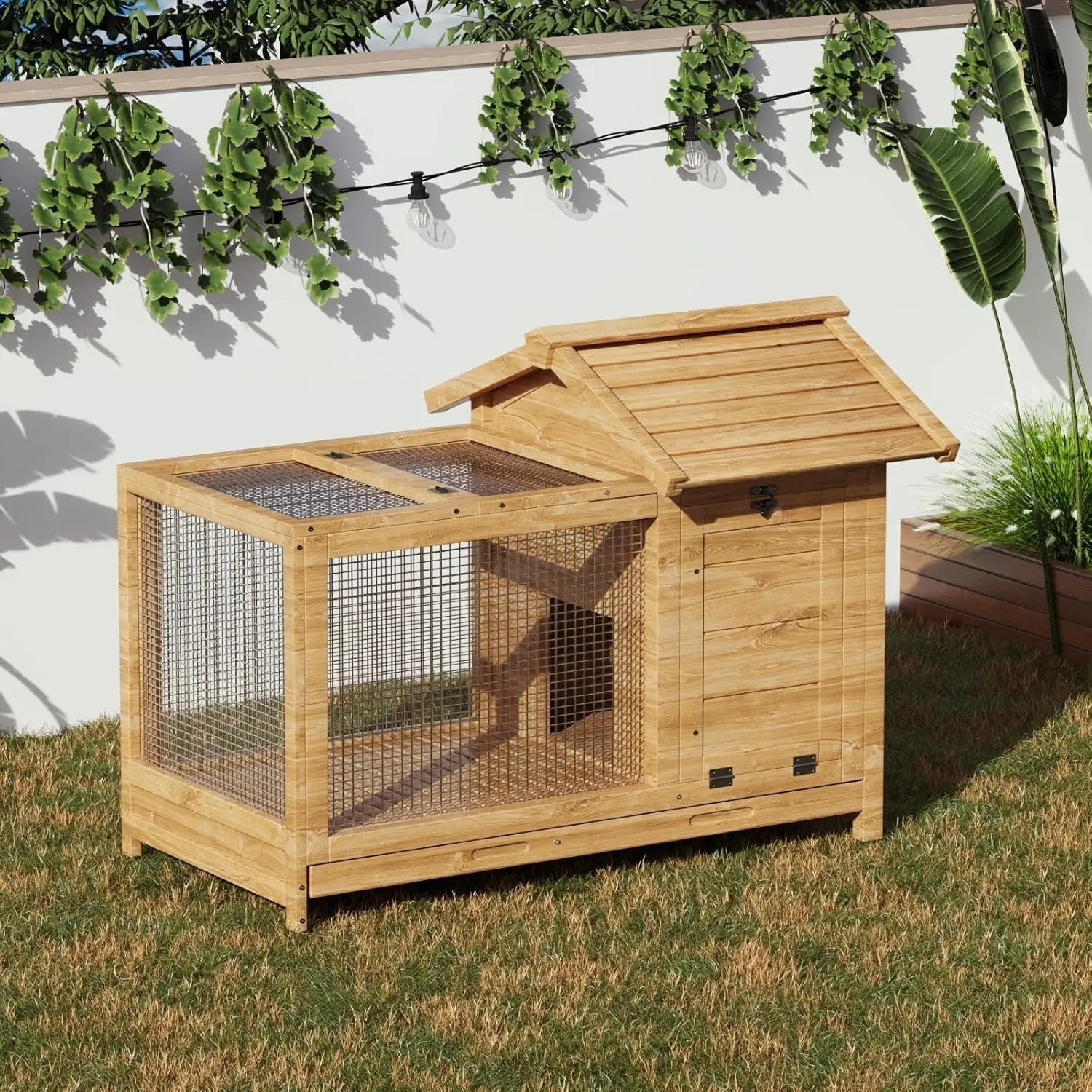 Large Wooden Rabbit Hutch - 34.05"l x 19.29"w x 27.56"h, 37.48lbs, Removable Tray, Anti-Chew Metal Ramp, All-Weather Asphalt Roof, Comfortable Indoor & Outdoor Living Space, Garden Enclosure for Bunnies/Chickens