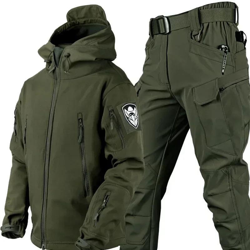 Winter Thicked Men Camo Suit Waterproof Tactical Set Multi-pocket Hooded Jacket Fleece Pants Outdoor 2-piece