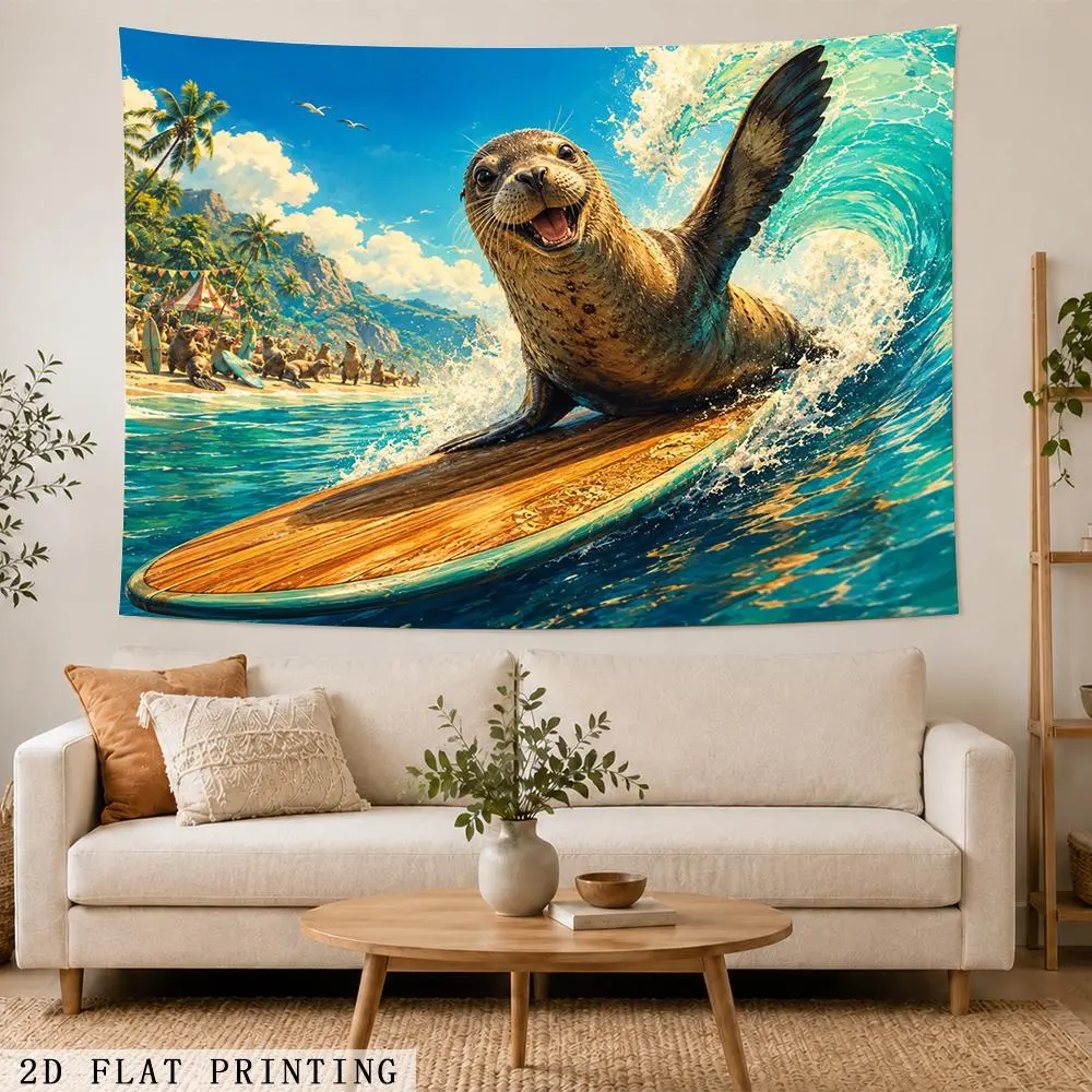 2D Flat Tapestry, Surfing Sea Lion Tropical Ocean Wave Beach Animal Wall Hanging for Bedroom Living Room Dorm and Coastal Decor