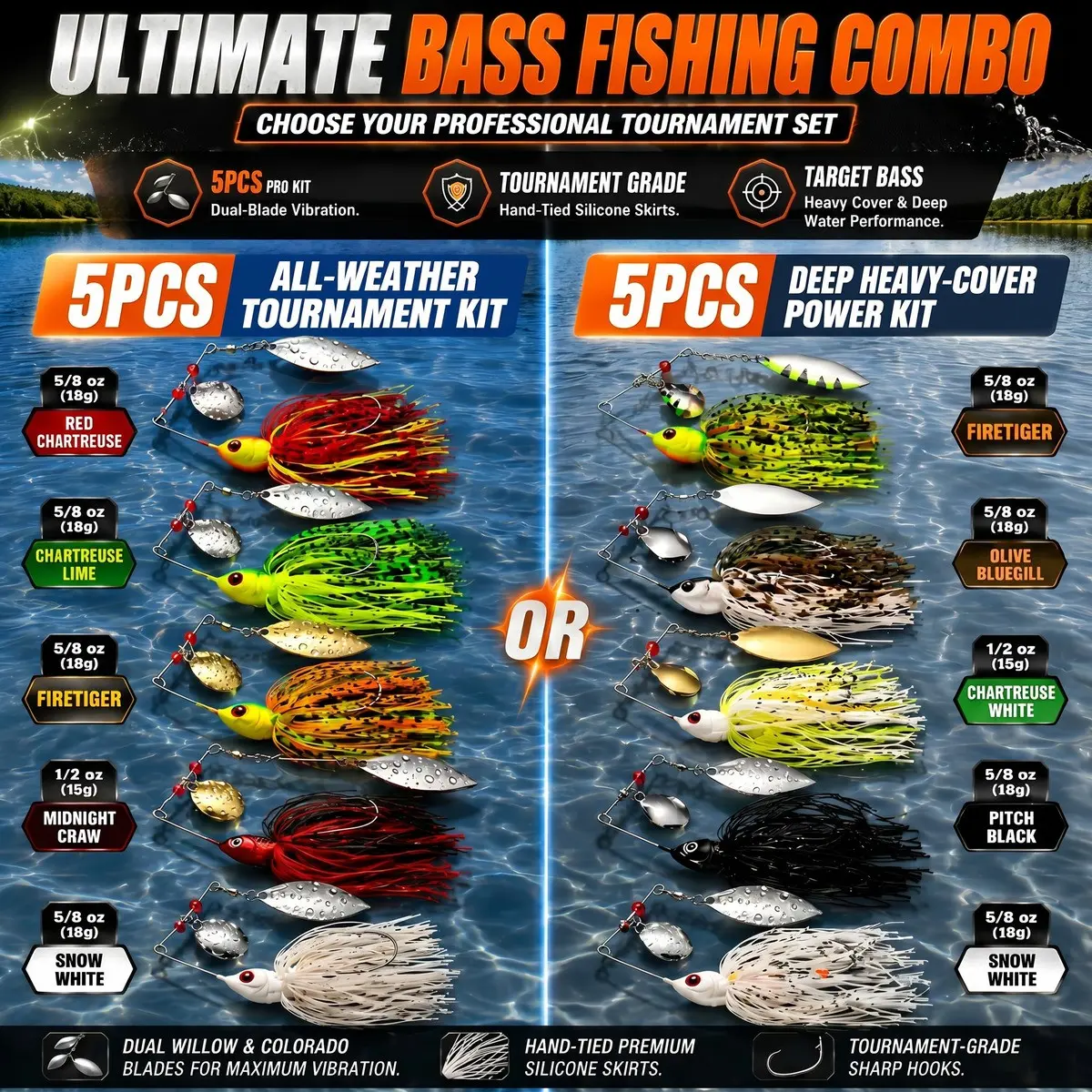 5PCS Professional Spinnerbaits Fishing Lures Set, Fishing Lure Kit, Outdoor Fishing Supplies, 1/2 oz 5/8 oz Tournament Bass Spinner Baits Pack, Double Willow Blades & Premium Silicone Skirt for Pike Trout