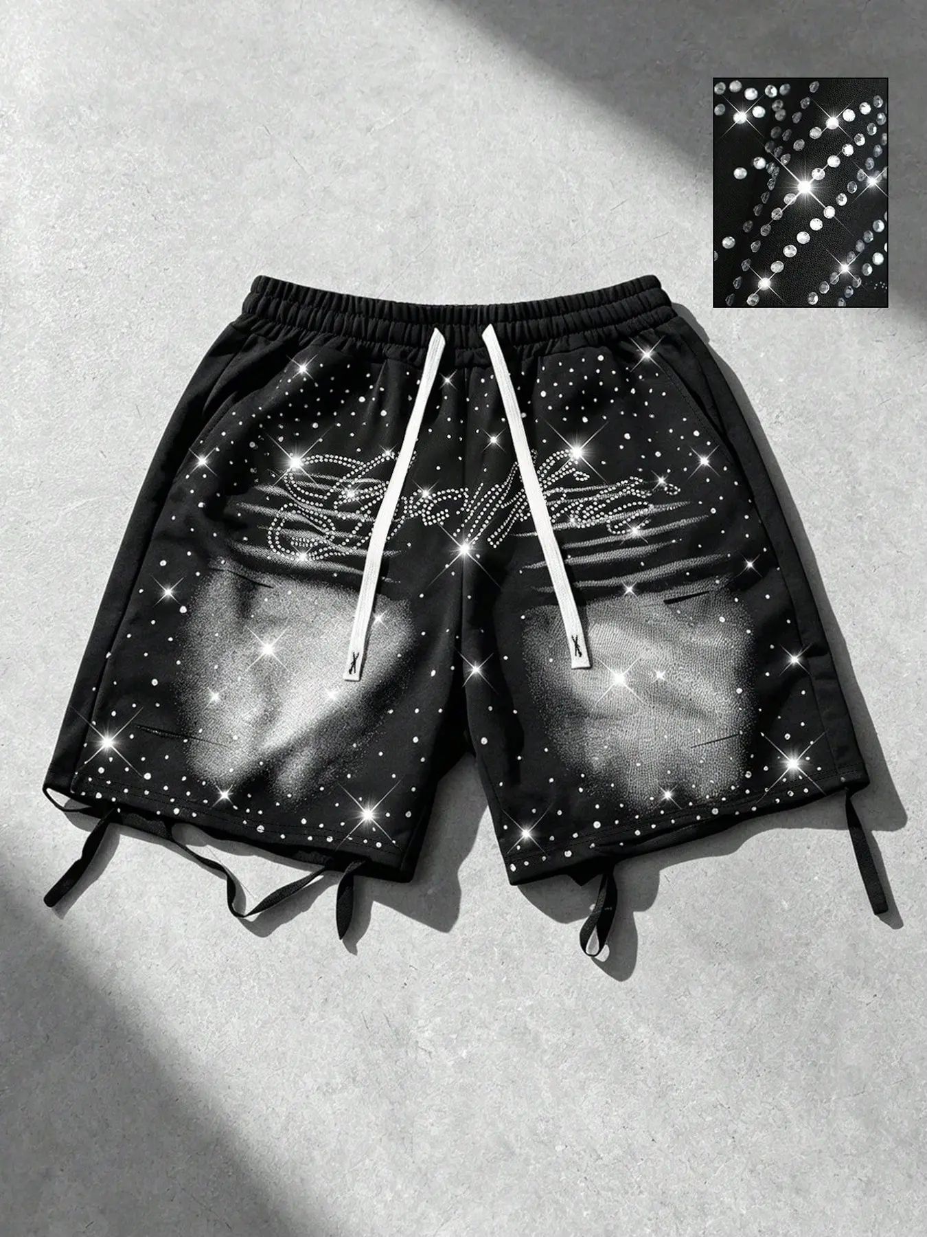 Men's Y2K Rhinestone Hip-Hop Street Style Shorts, Loose-Fit Embroidered Letter Design, Summer Casual Waist Tie Short Pants
