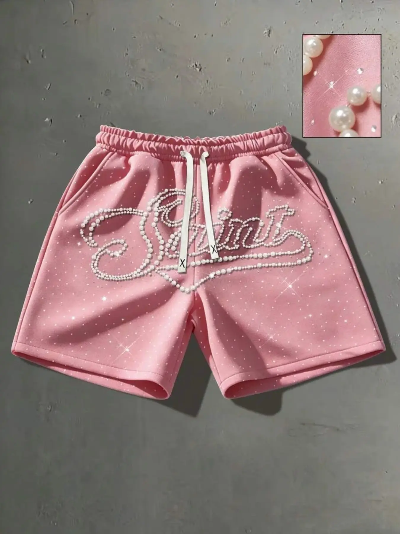 American Fashion Men's Trendy Pants, Rhinestone Letter Design, Unisex Graphic Loose Shorts, Street Style, High Visibility, Loose Fit, Casual Loose Short