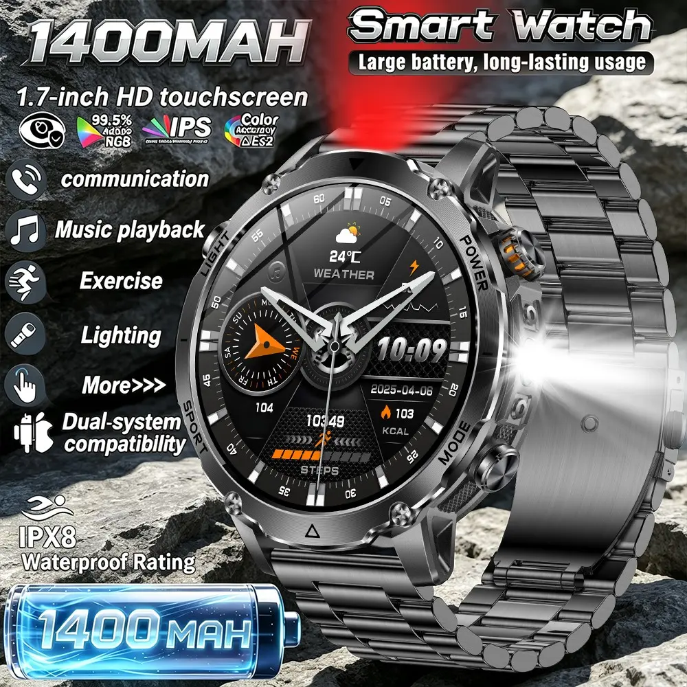 Men's outdoor smart watch, Multifunctional Waterproof Smartwatch, 1400mAh battery, outdoor sports watch with flashlight, SOS light, 1.7-inch screen, wireless HD call, 120+ sports modes, sports tracking, IPX8 waterproof, compatible with iOS and Android