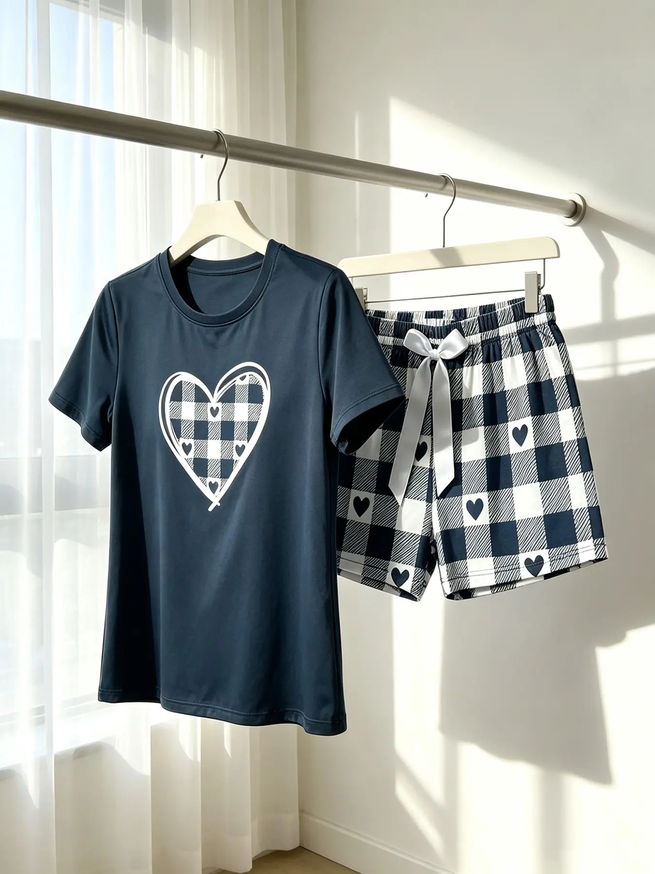 Women's Crew Neck Short Sleeve Top & Shorts Pajama Set, Navy Gingham Plaid Heart Print, Spring Summer Wear, Relaxed Fit, INS Style Preppy Casual Loungewear for Home & Errands