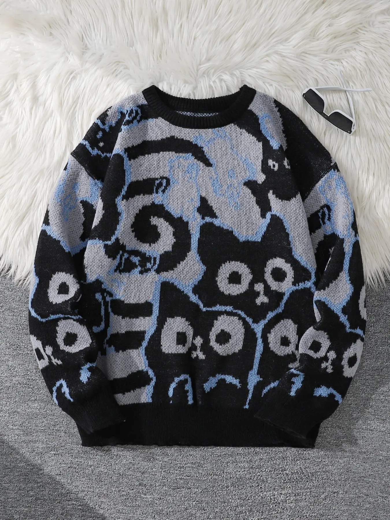 Men's Fall Cute Abstract Cat Pattern Sweater, Casual Fitted Round Neck Pullover, High-Quality Soft Knitwear for Autumn Winter