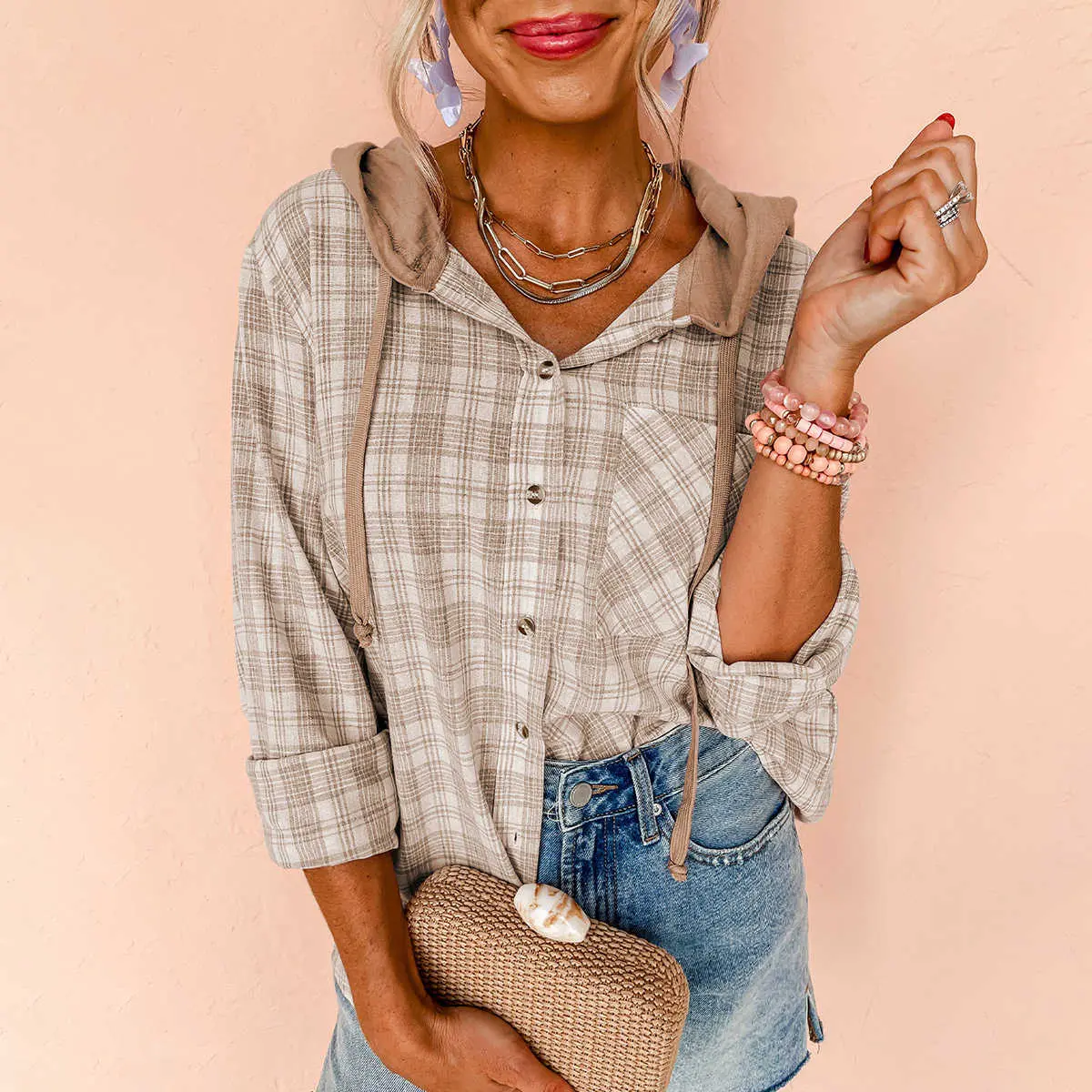 Khaki Checkered Print Loose Fit Buttoned Hooded Shacket