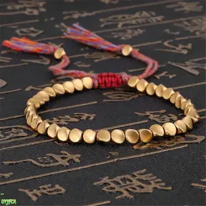 Unisex Handmade Tibetan Lucky Copper Bead Bracelet, Colorful Tassel Braided Adjustable Pull Cord Wristband, Matte Flat Copper Disc Beads Ethnic Boho Jewelry, Ideal For Daily Stacked Wear, Spiritual Meditation And Casual Festival Outfits,Summervibes