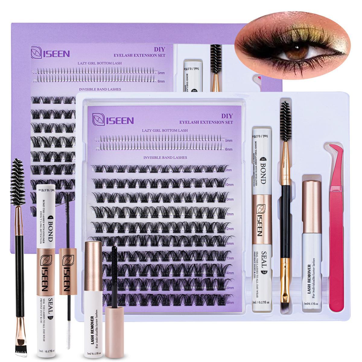 False Eyelashes Kit, 1 Set D Curl Eyelash Clusters, Fluffy Eyelash Clusters with Eyelash Glue, Remover, Brush & Tweezers, Eyelash Extension Kit for Women & Girls, Volumized False Eyelashes