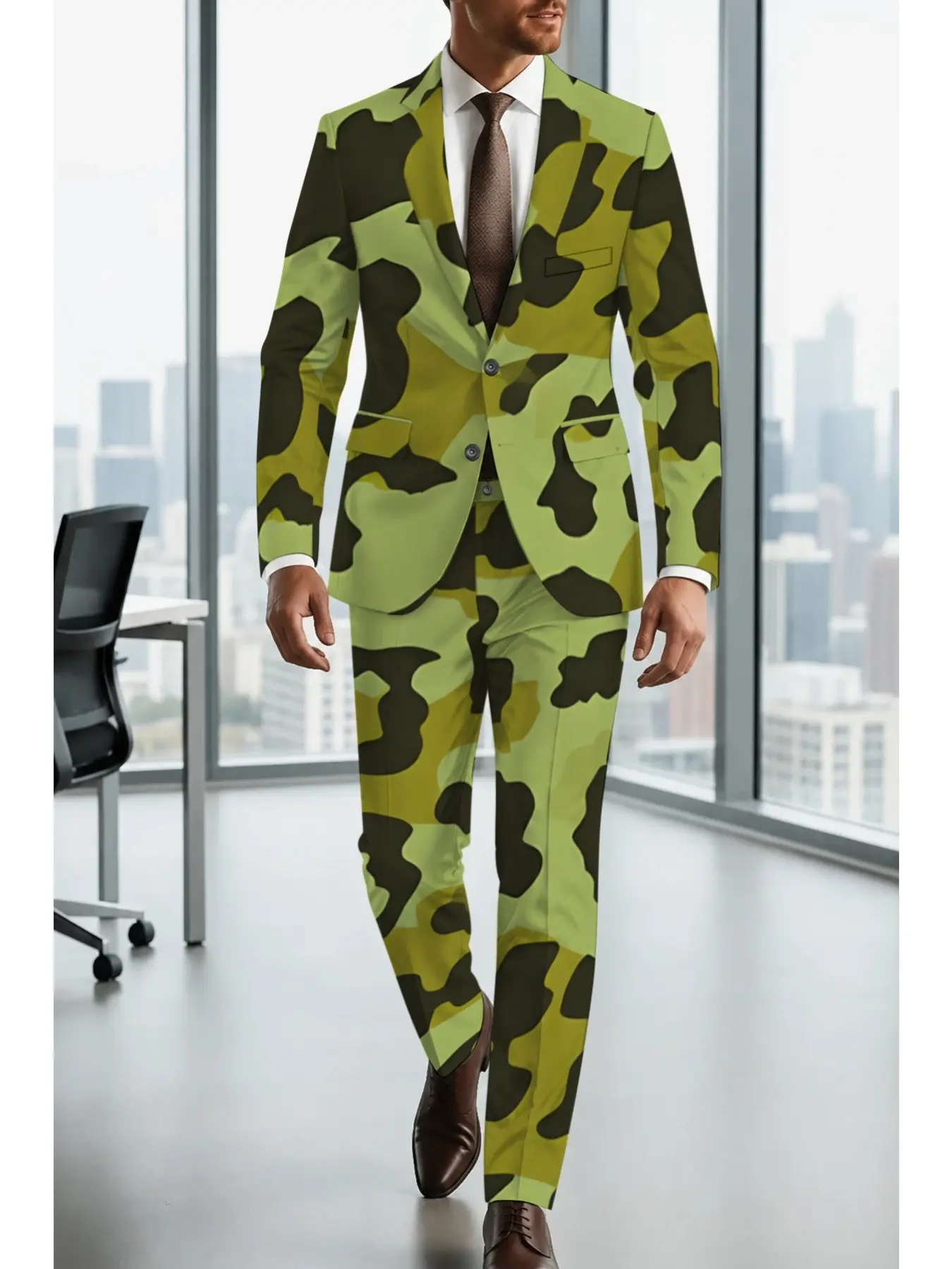 Streetwear Camo Art Print Slim Fit Blazer Set, Classic Camouflage Design, Trendy and Bold, Perfect for Fashion Bloggers and Party Lovers