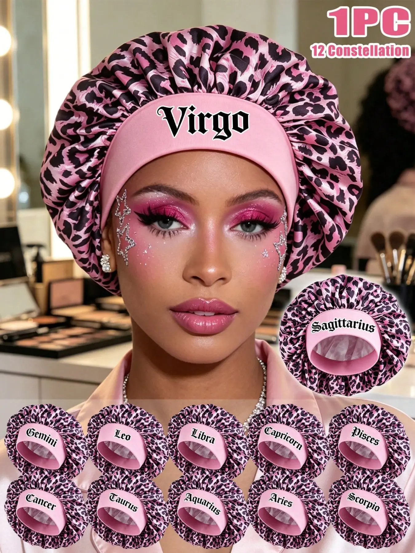 1PC Pink Leopard Print Satin Sleep Bonnet, Custom 12 Constellation Pattern Satin Shower Cap, Multi-Purpose Hair Wrap For Daily Home Hair Care, Nice Daily Accessory For Personal Use Or Gifting To Women For Holidays