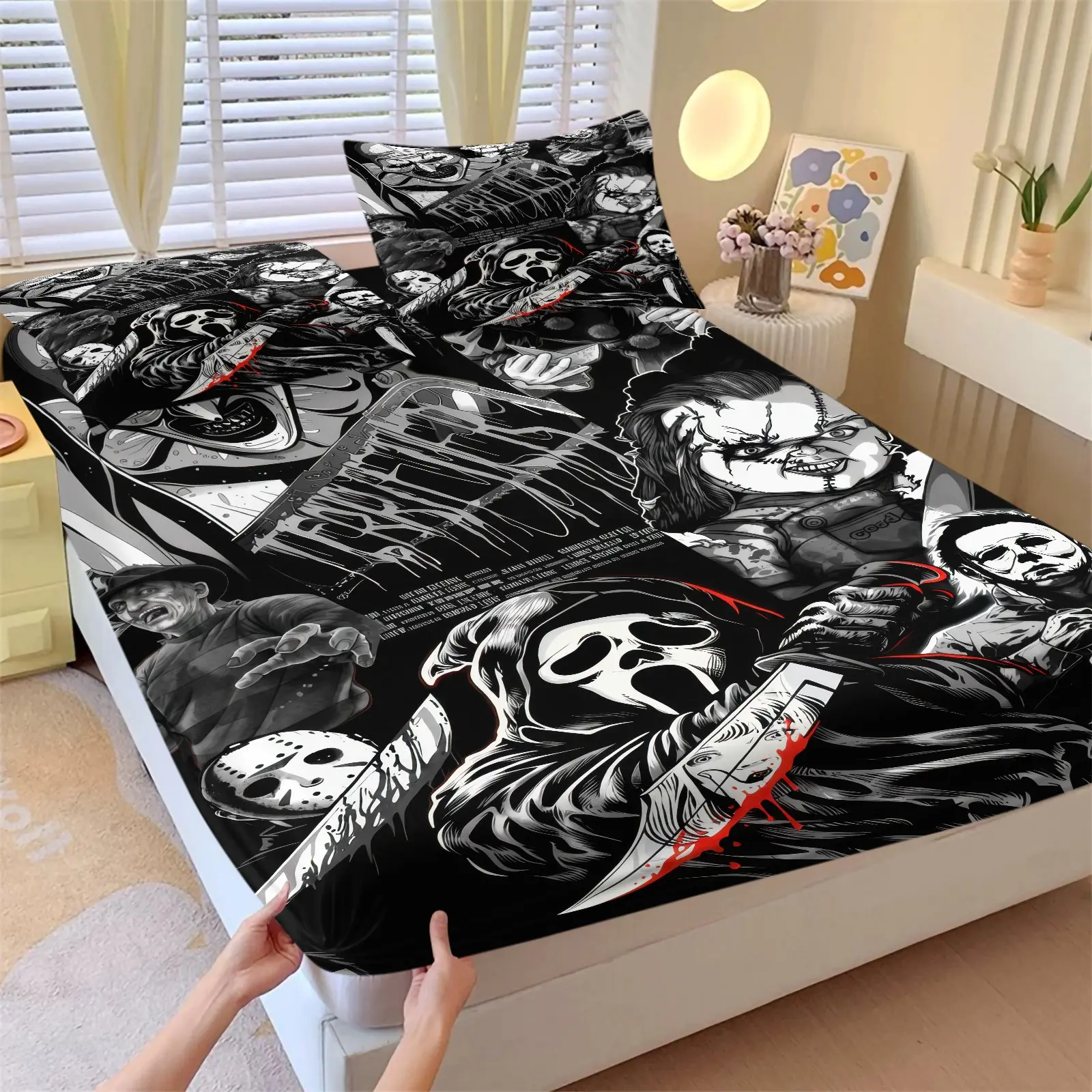 3-Piece Classic Horror Movie Villain Fitted Sheet Set-Soft Wrinkle-Resistant Bedding-Black and White Manga Hand-Drawn Style Character-Ideal for Fans, Dark Punk Youth Bedroom Dorm or Festival Decor