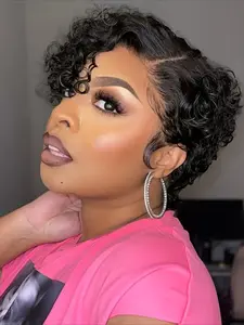 Pixie Cut Curly Wave Wig 13x1 T Part Lace Front Human Hair Wig for Women 150% Density 6 Inch