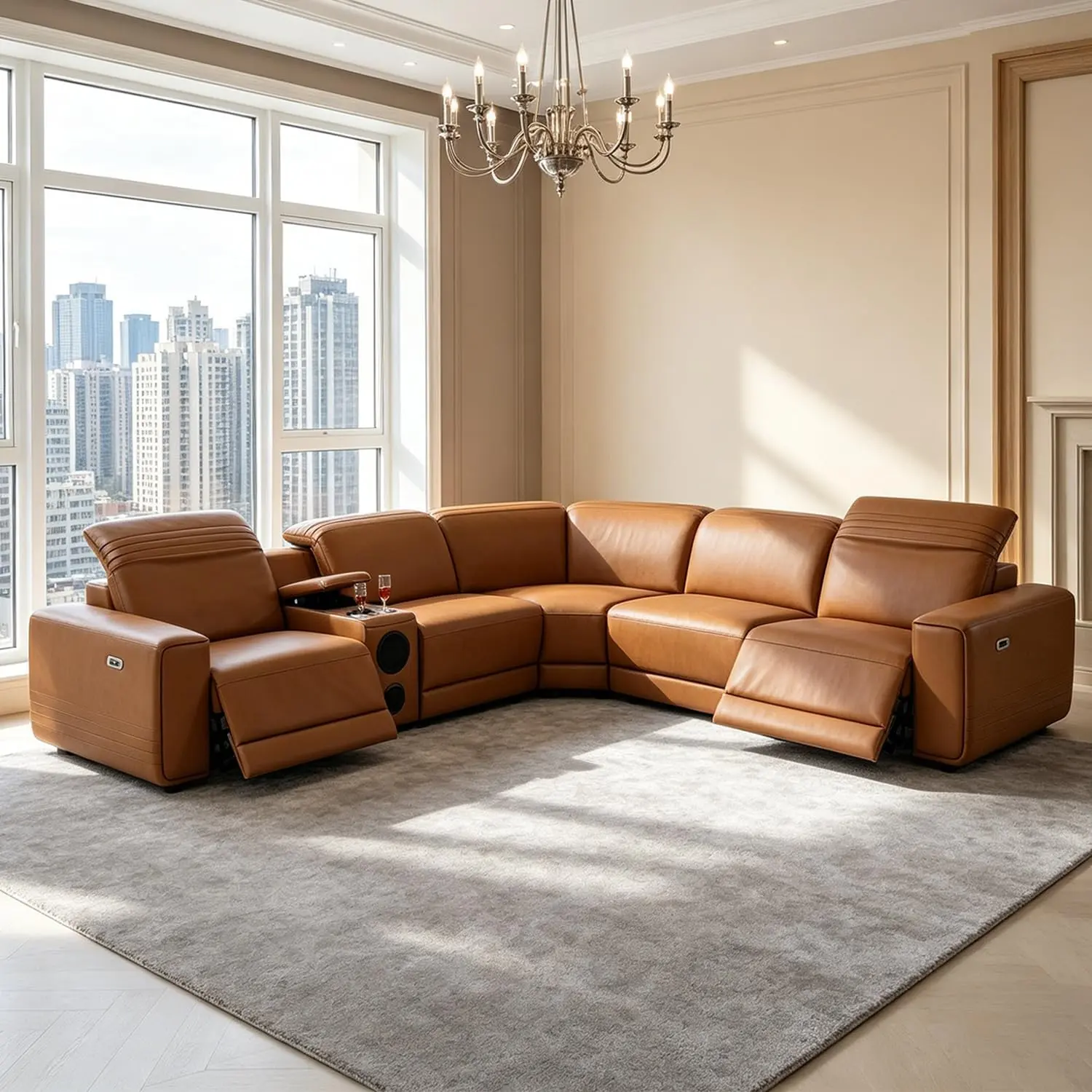 AobtkelOrange Living Room Furniture Sets,Power Leather Reclining Sectional Sofa,L Shaped Couch with Recliner with Bass Speaker/Adjustable Headrest/Storage Console/Cup Holders/USB&Type-C Charging