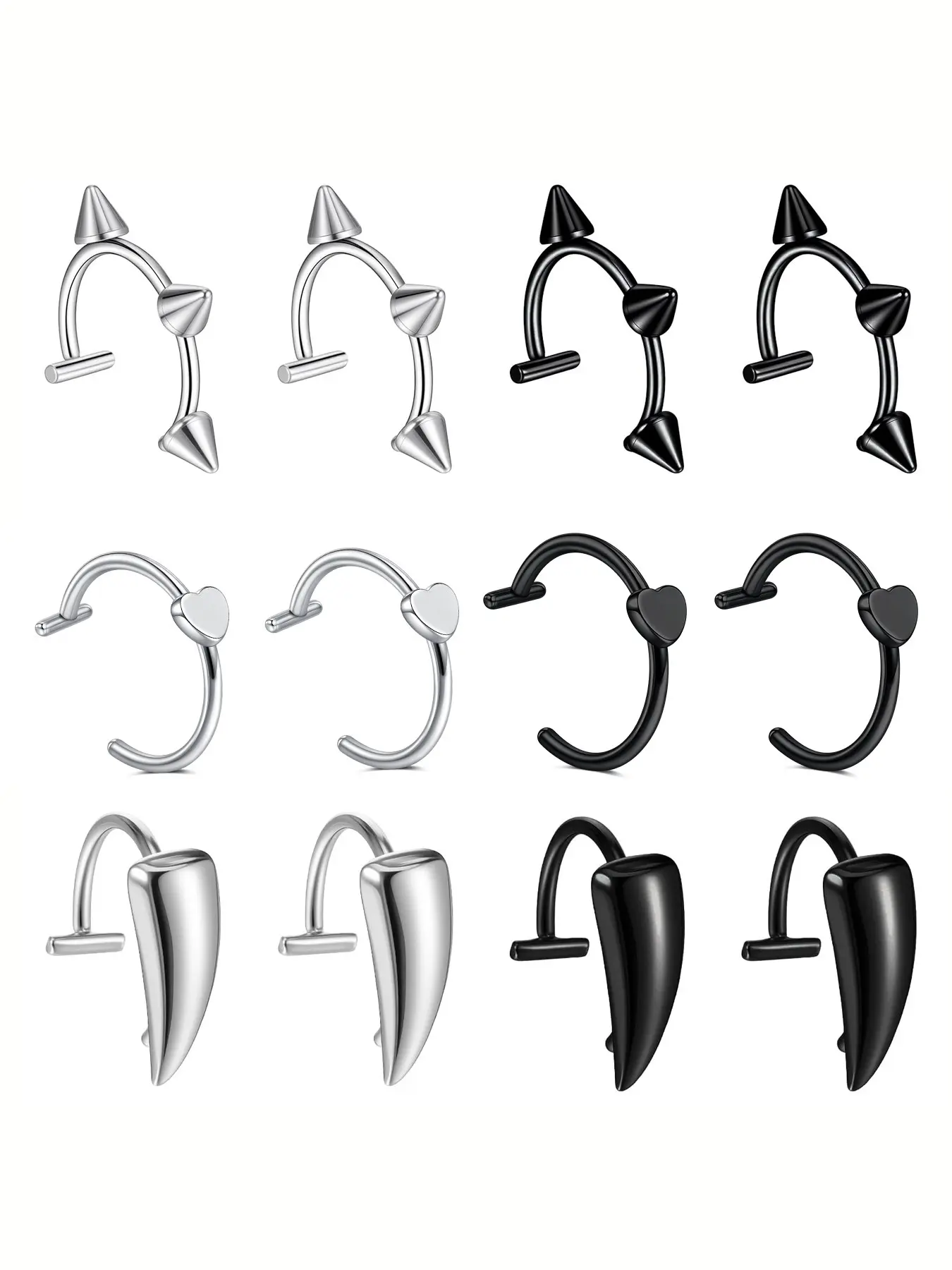 6 Pairs Gothic Style Stainless Steel Fake Lip Ring, Vampire Teeth Design, Unisex Jewelry Set, Cosplay and Party Accessories, All Seasons