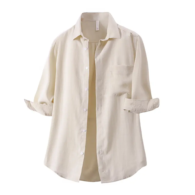 Cream lapel long sleeve casual shirt, front patch chest pocket, full button placket, relaxed loose fit, lightweight textured breathable fabric, versatile button down shirt for spring summer daily layered outfits, Tops, Foldable
