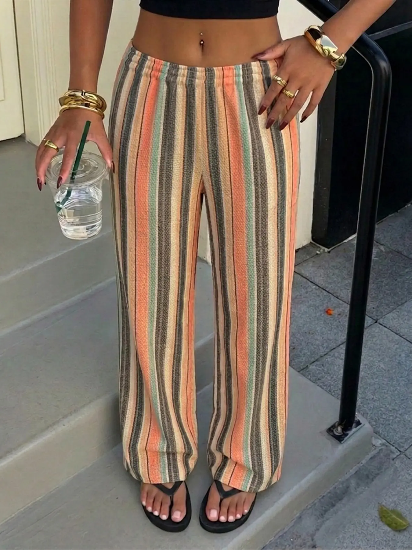 Women's Striped Cotton Linen Long Pants, Casual Wide Leg Beach Vacation Pants, Boho Style, Summer Beachwear, Comfortable and Trendy