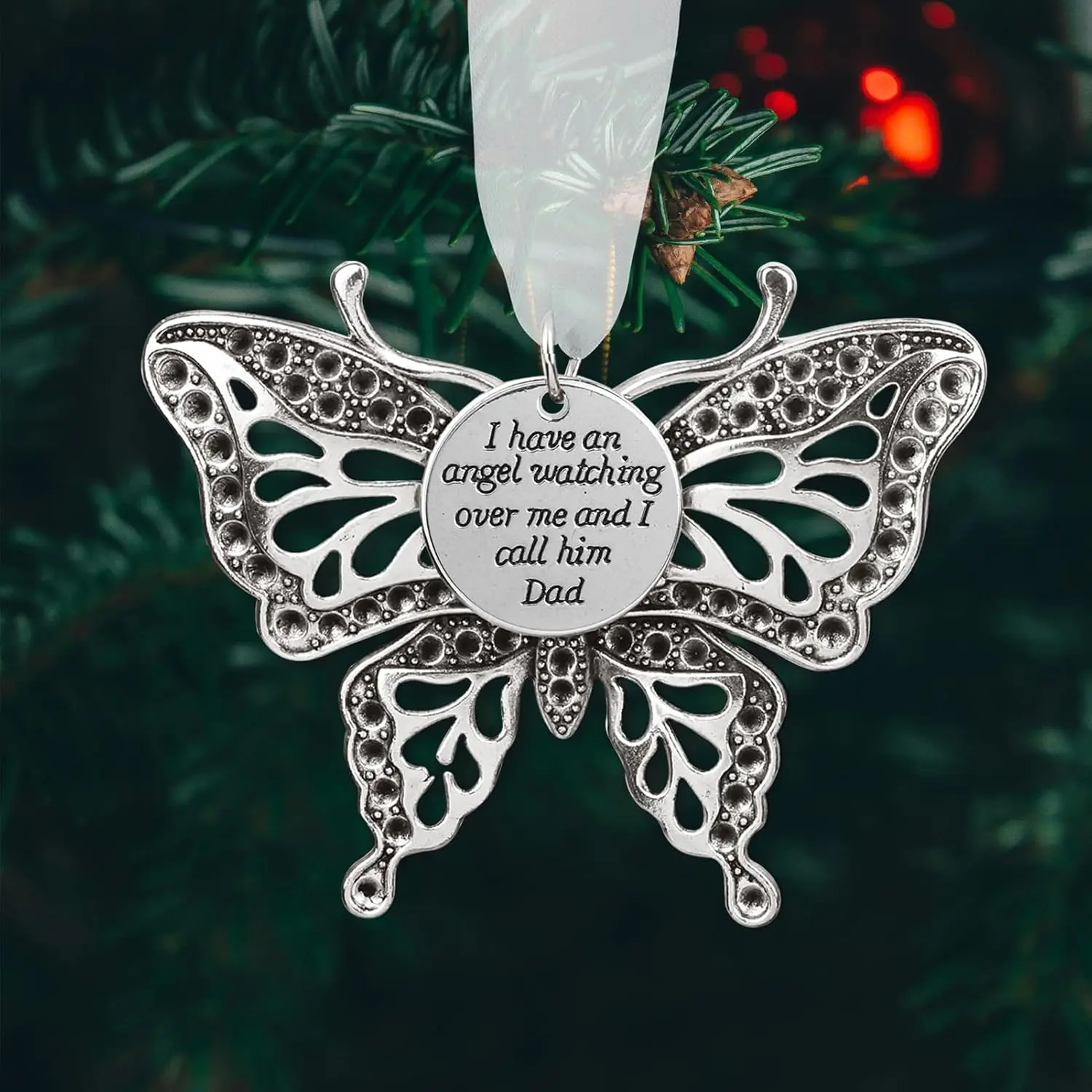 Memorial Christmas Ornament Butterfly Gifts for Women in Memory of Loved  Sympathy  for Christmas Tree Decoration I Have an Angel Watching Over Me and I Call Him Dad, Shiny, Reflective