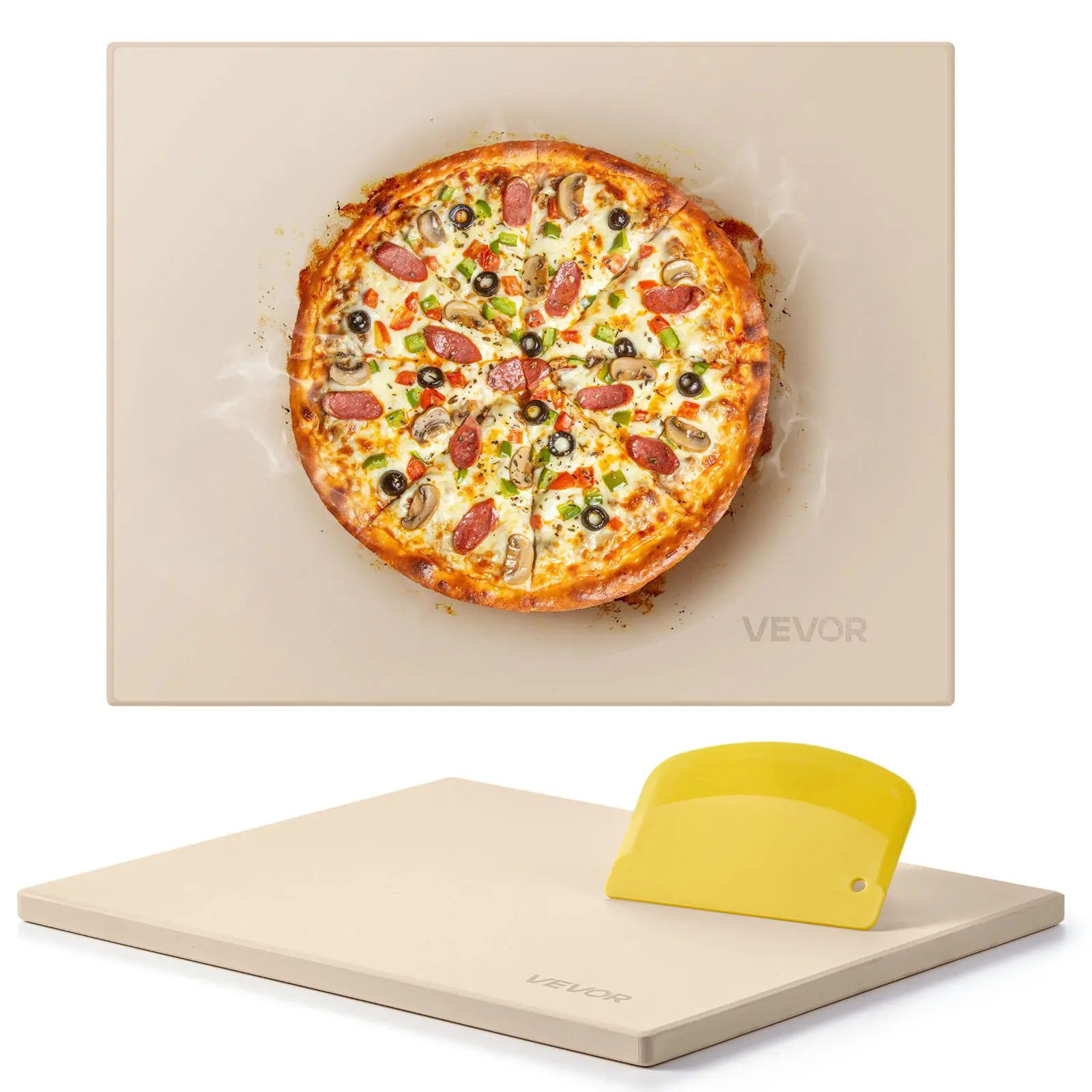 【Summerfinds】VEVOR Pizza Stone, 15x 12 in Rectangular Cordierite Pizza Stone, Extra Large Baking-Stone with Scraper, 0.6 in Thick Heat-Resistant Cordierite, for Kitchen Oven, Baking Bread Pizzas, BBQ Grilling