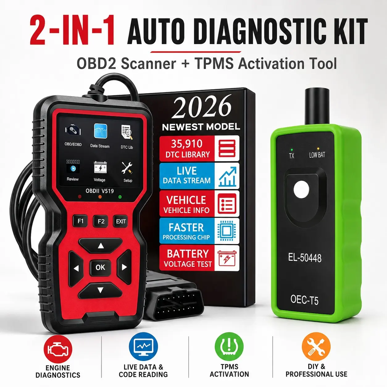 2-In-1 Auto Diagnostic Kit, Obd2 Scanner V519, Tpms Activation Tool, Check Engine Light, Read/clear Codes, Live Data, Battery Test