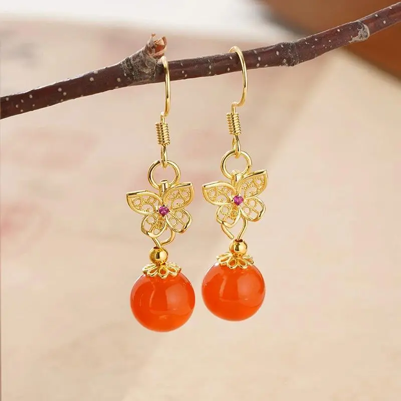 New In Glossy Exquisite Hollow out Butterfly earrings for women Chinese Style Red Beads Earring Light Luxury Wedding Jewelry