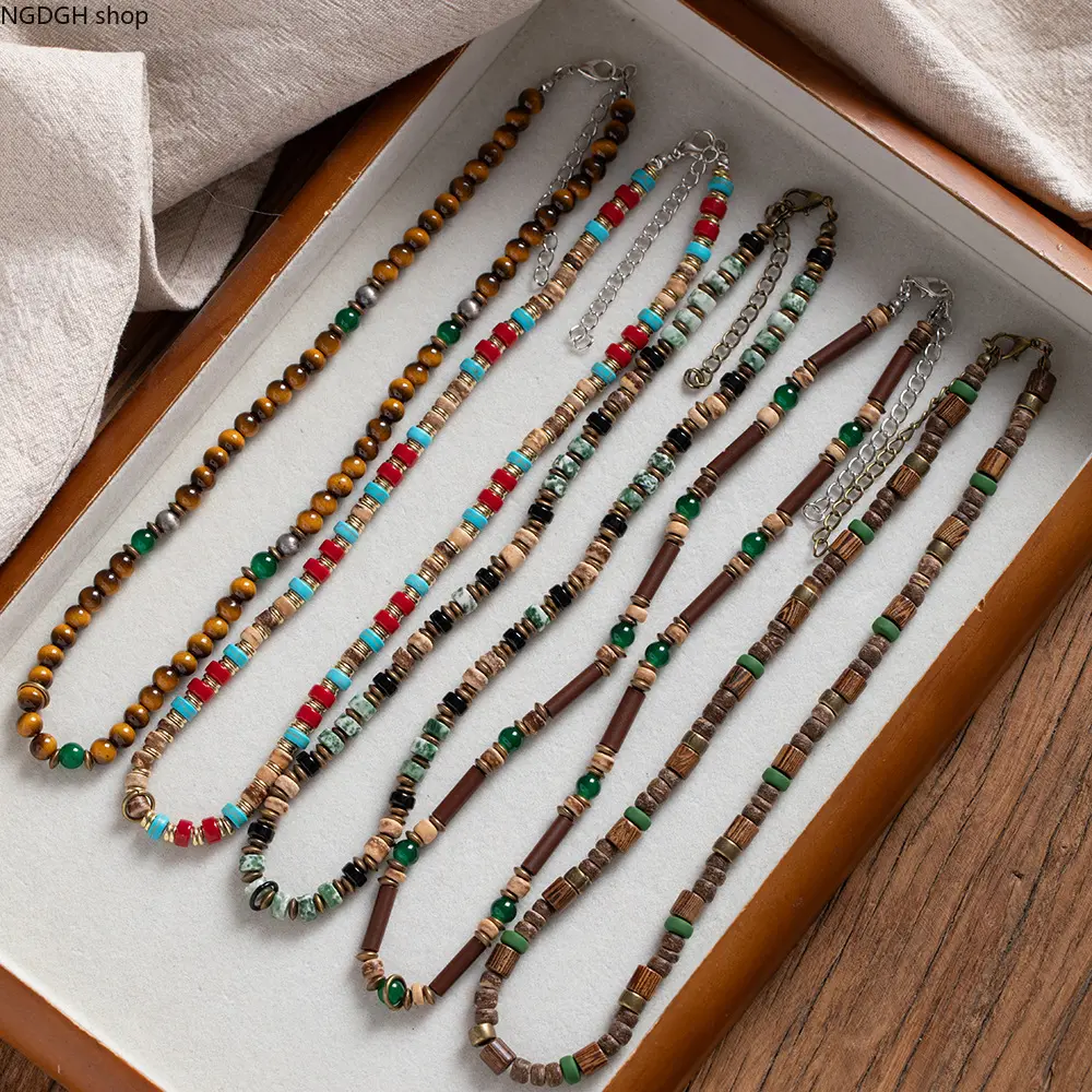 Male Retro Tribal Wood Bead Necklace with Tiger Eye Stones, Turquoise Stones, No-Clasp Ethnic Jewelry for Daily Casual, Outdoor Wear