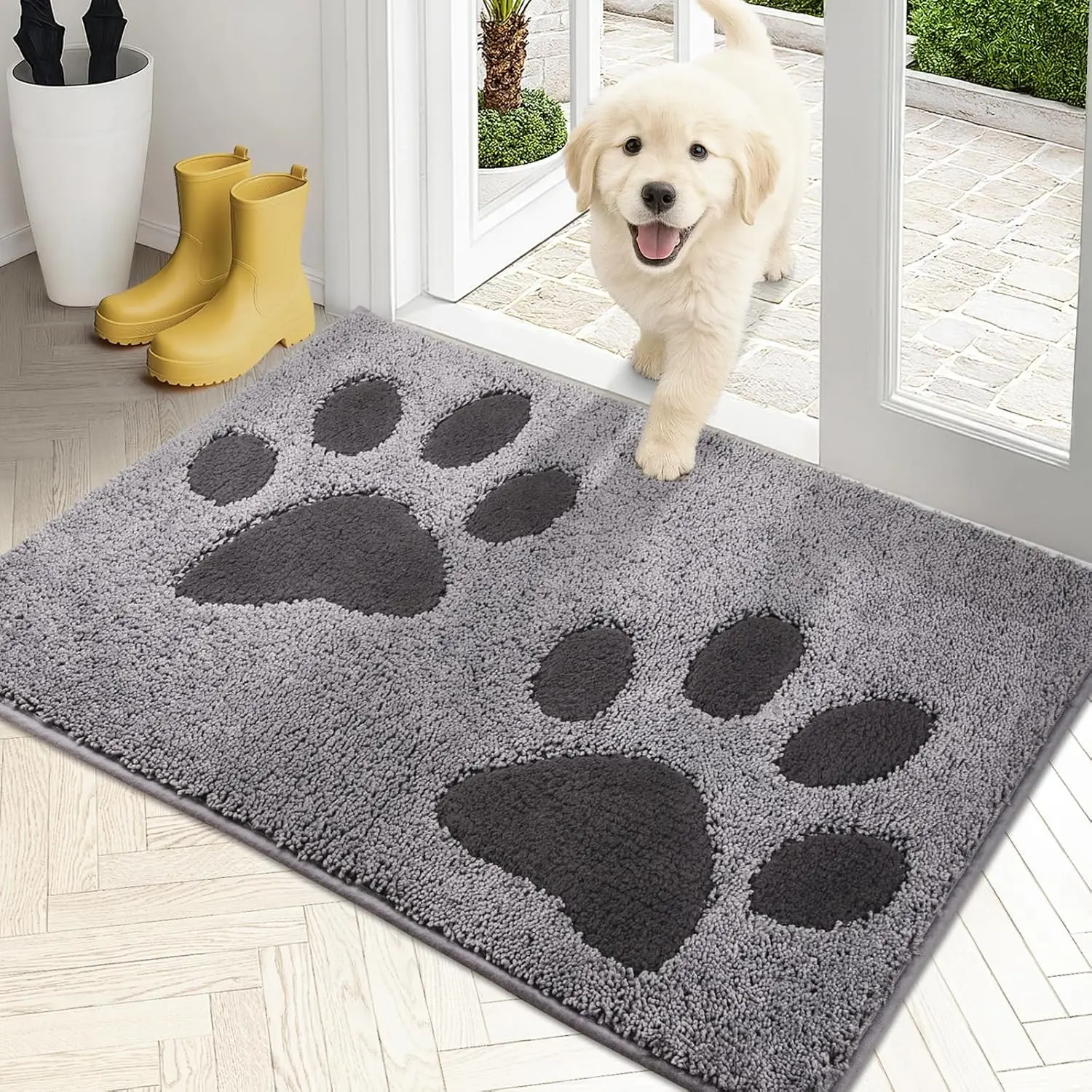 Dog Entryway Mud Trap Door Mat, 20"x31.5" Non-Slip Machine Washable Microfiber Rug, Super Absorbent for Wet Shoes & Paws, Grey