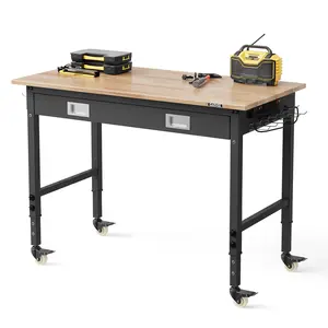 48x24 Inch Workbench with Drawer & 6-Level Adjustable Height, 2000LBS Work Table with Solid Rubberwood Top, ETL  Power Outlets, Pegboard & Tool Hooks, Swivel Lockable Casters, Heavy Duty Garage Workstation for Workshop Home Repair