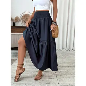 Women's Casual Ruffled Hem A-Line Skirt, Elastic Waist Pockets Long Skirt, Fashionable Shirred Skirt