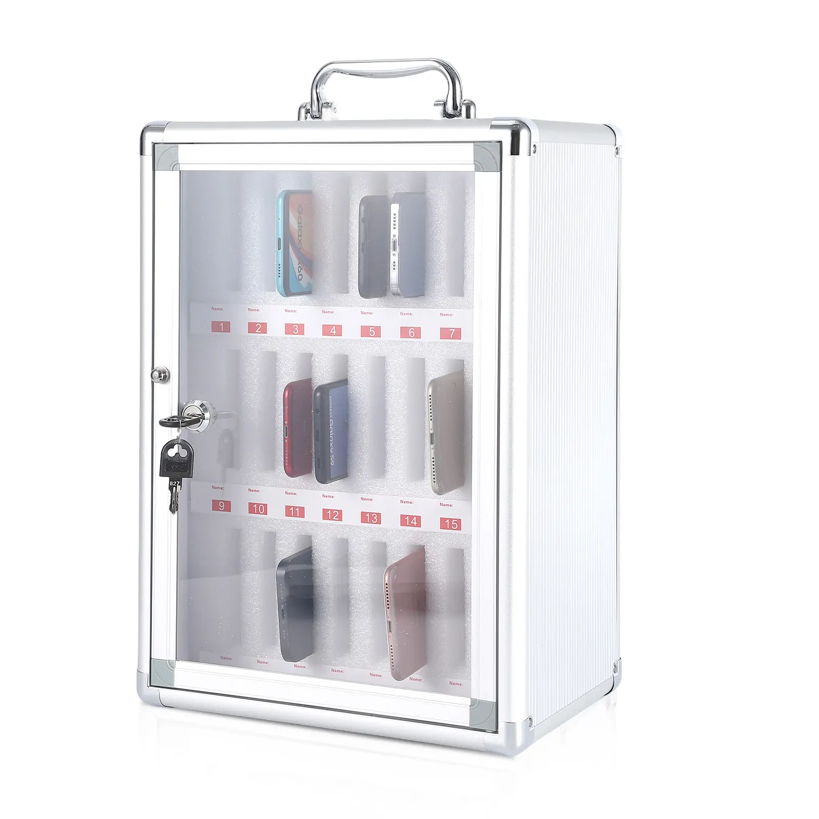 Aluminum Alloy Cell Phone Locker Storage Organizer Cabinet, Available in 24 Slot / 36 Slot with Secure Key Lock & Carry Handle, Wall Mount or Freestanding Design, Safe Phone Storage Locker for Office, Study Room and Gym Use