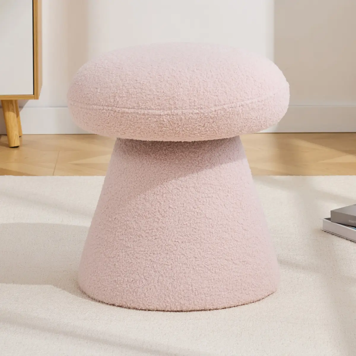 066-Teddy Fabric Soft-padded Footstool, Mushroom shaped Ottoman, Shoe-changing Stool, Makeup Stool,No Installation Required, Suitable For Bedrooms, Living Rooms, Powder Rooms Or Entrances, Pink