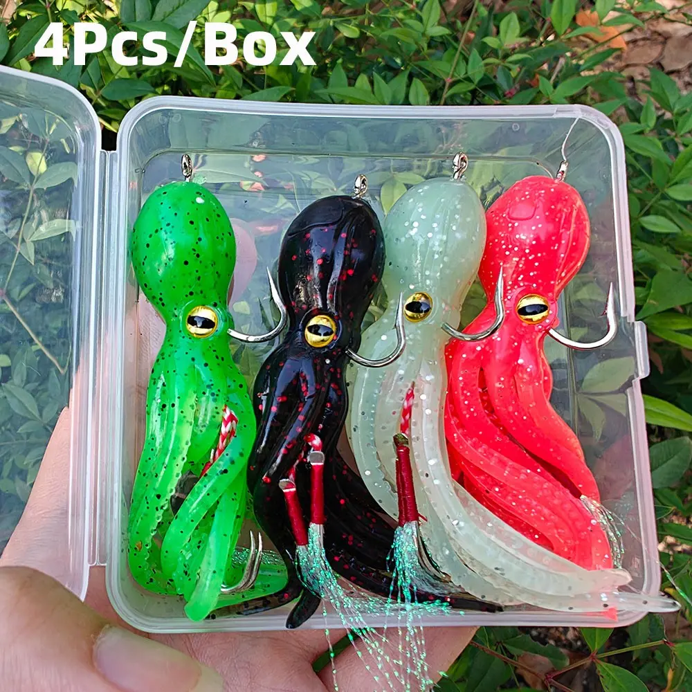 4-Pack Octopus Soft Baits with Hooks, Durable Reusable Sea Fishing Lures, Fishing Lures Kit, Realistic Swimming Action, Attracts Big Fish, Perfect for Successful Catching