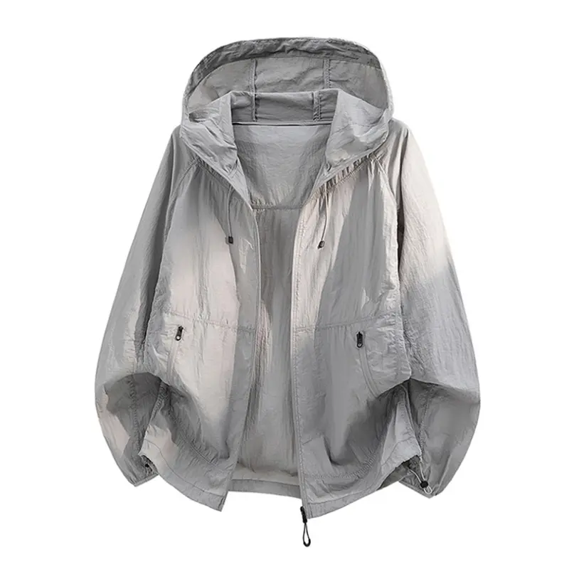 Men's Light Gray Nylon Plain Hooded Sun Protection Windbreaker Top - Coats, Jackets, Full-Zip, Drawstring Hood & Hem, Zipper Side Pockets, Loose Oversized Fit, Wrinkle-Resistant, Ultra-Light, Quick-Dry, for Outdoor Travel Casual Outfits, Tops, Menswear, D