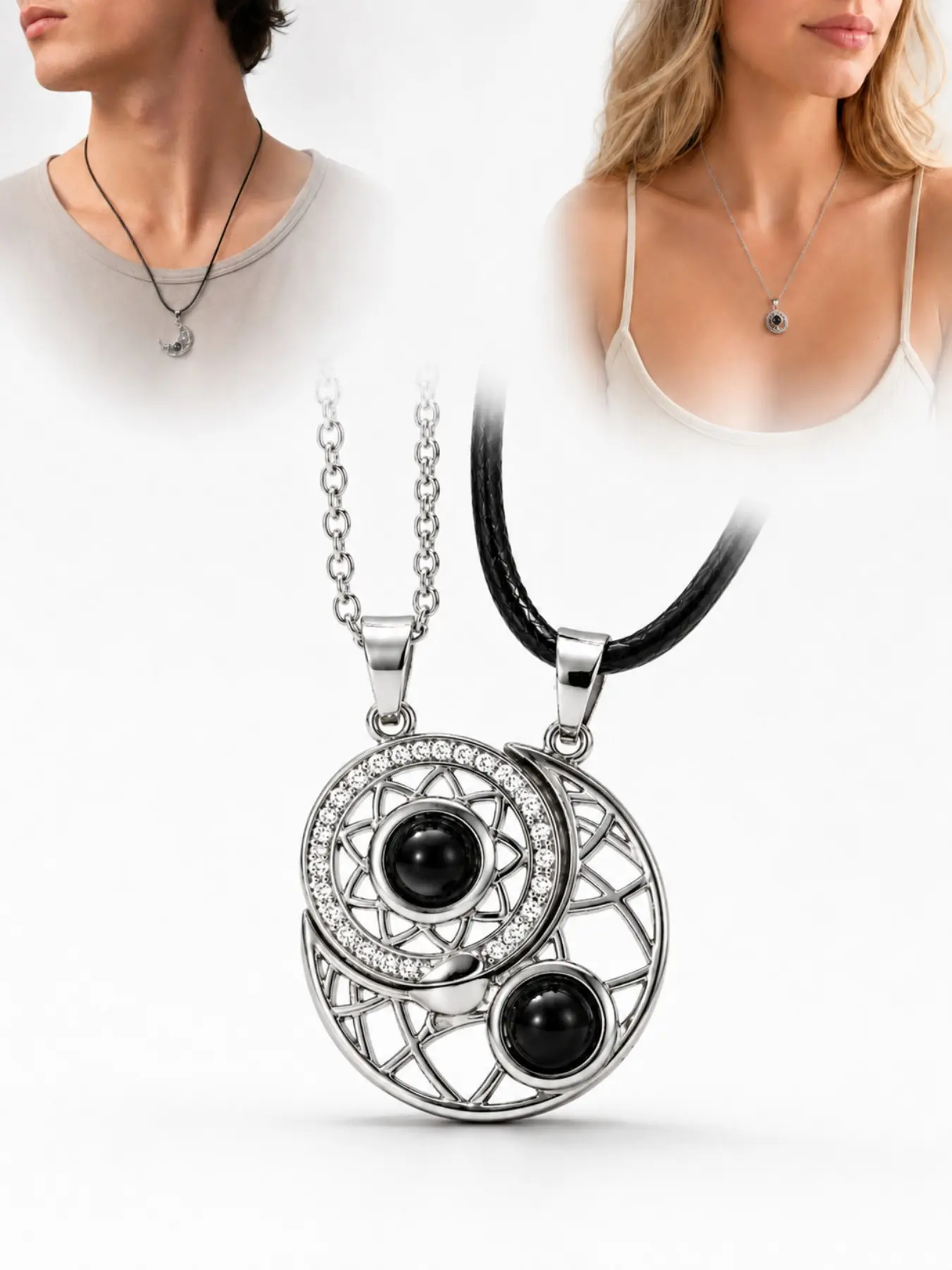 Magnetic Sun and Moon Couple Necklace Set, 2-Piece Matching Silver-Tone Geometric Pendant Necklace for Couples, Romantic Gift Jewelry