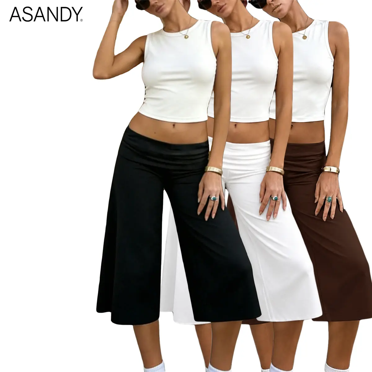 ASANDY Women's 3-Piece Polyester Capri Pants - Soft, Baggy Wide Leg, Fold-Over Waist, Lightweight Casual Bottoms for Yoga & Everyday Loungewear, 【black+white+brown】Fit Design,back to school shopping, 3 Pieces【Black+White+Brown】