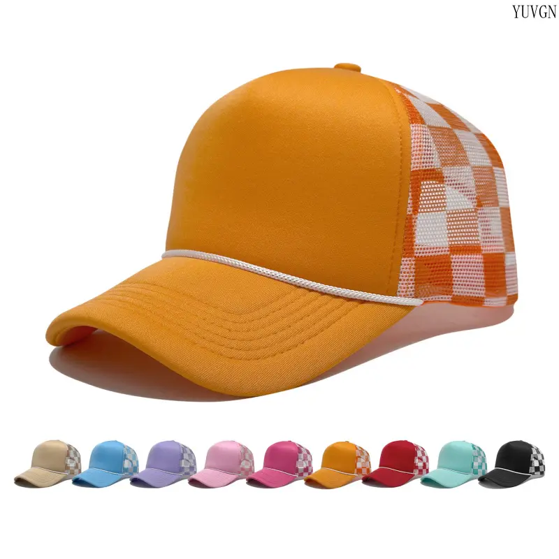 Unisex Checkered Panel Trucker Style Hat - Casual Outdoor Flat Bill Cap, 2-Tone Breathable Mesh Back, Rope Decor, Lightweight, Adjustable Size for Outdoor, Beach Activities