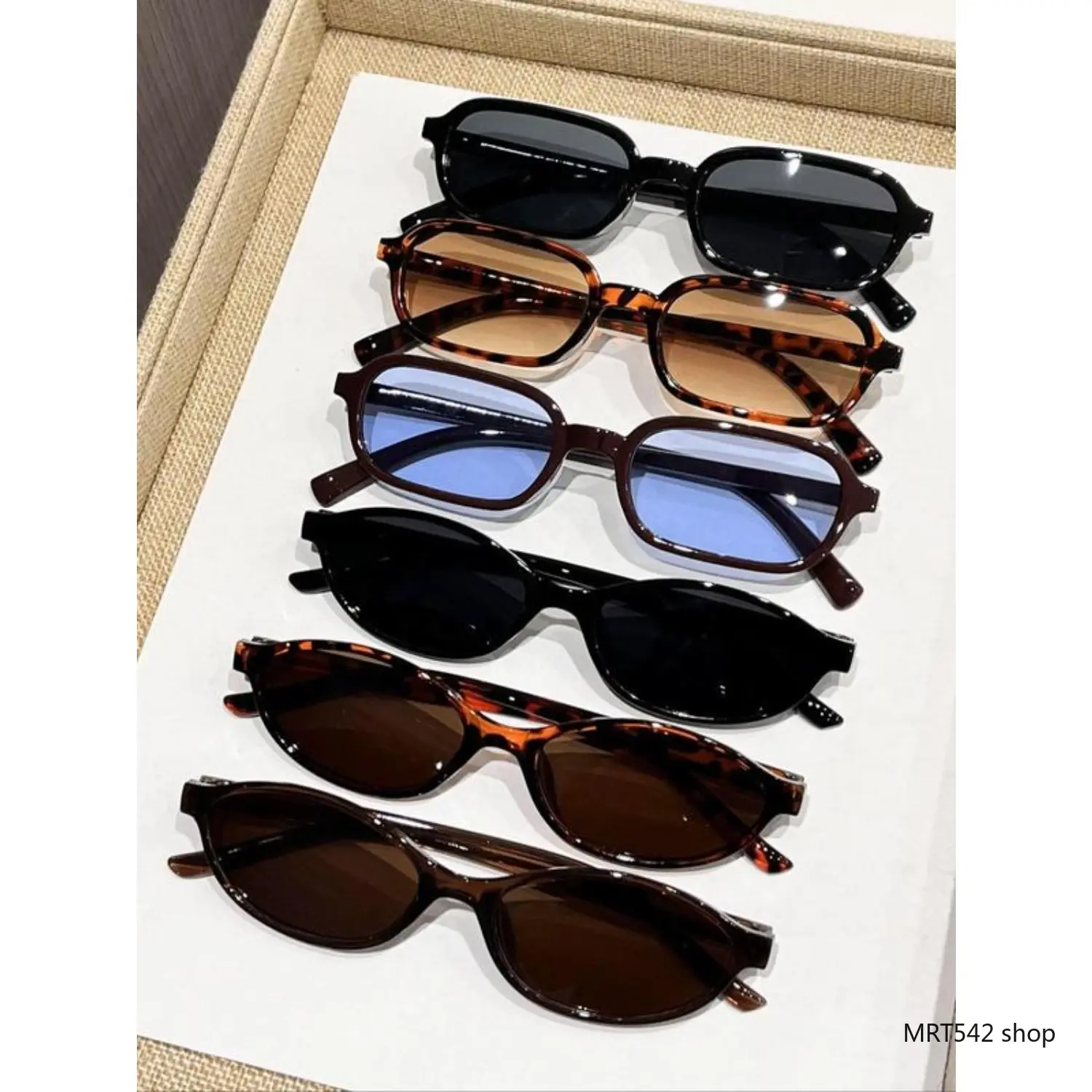 Set of 6 Classic Retro 90s Vintage Men's Sunglasses - Tortoise Shell, Narrow Small Oval Cat Eye Eyewear Fashion, UV400 Protection, Summer Beach Travel Use