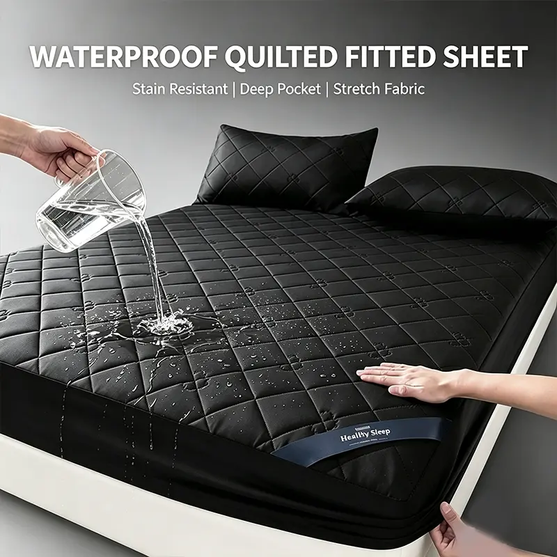 Liquid-Proof Diamond Grid Quilted Mattress Fitted Sheet, Soft Stretch Deep Pocket Stain Repellent Bed Sheet for Family Use