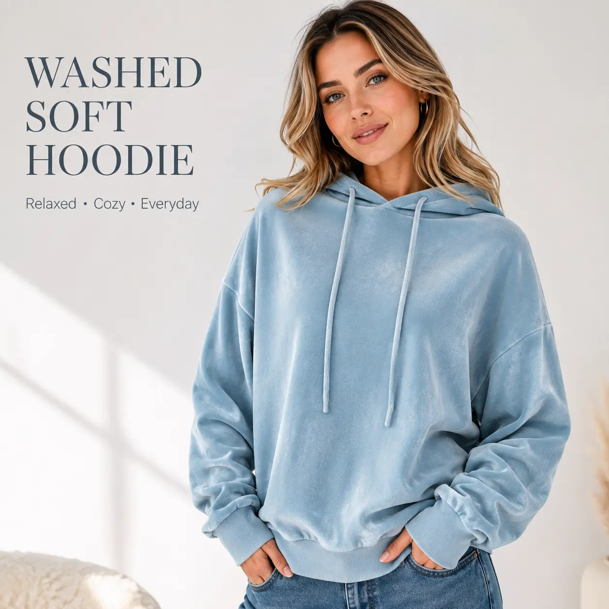 Women’s Oversized Polyester Hoodie - Soft Plush Washed Pullover, Full Sleeves, Drawstring Hood, Drop Shoulder Relaxed Fit, Cozy Casual Top for Fall Winter, Light Blue Streetwear, Lounge, Daily Wear