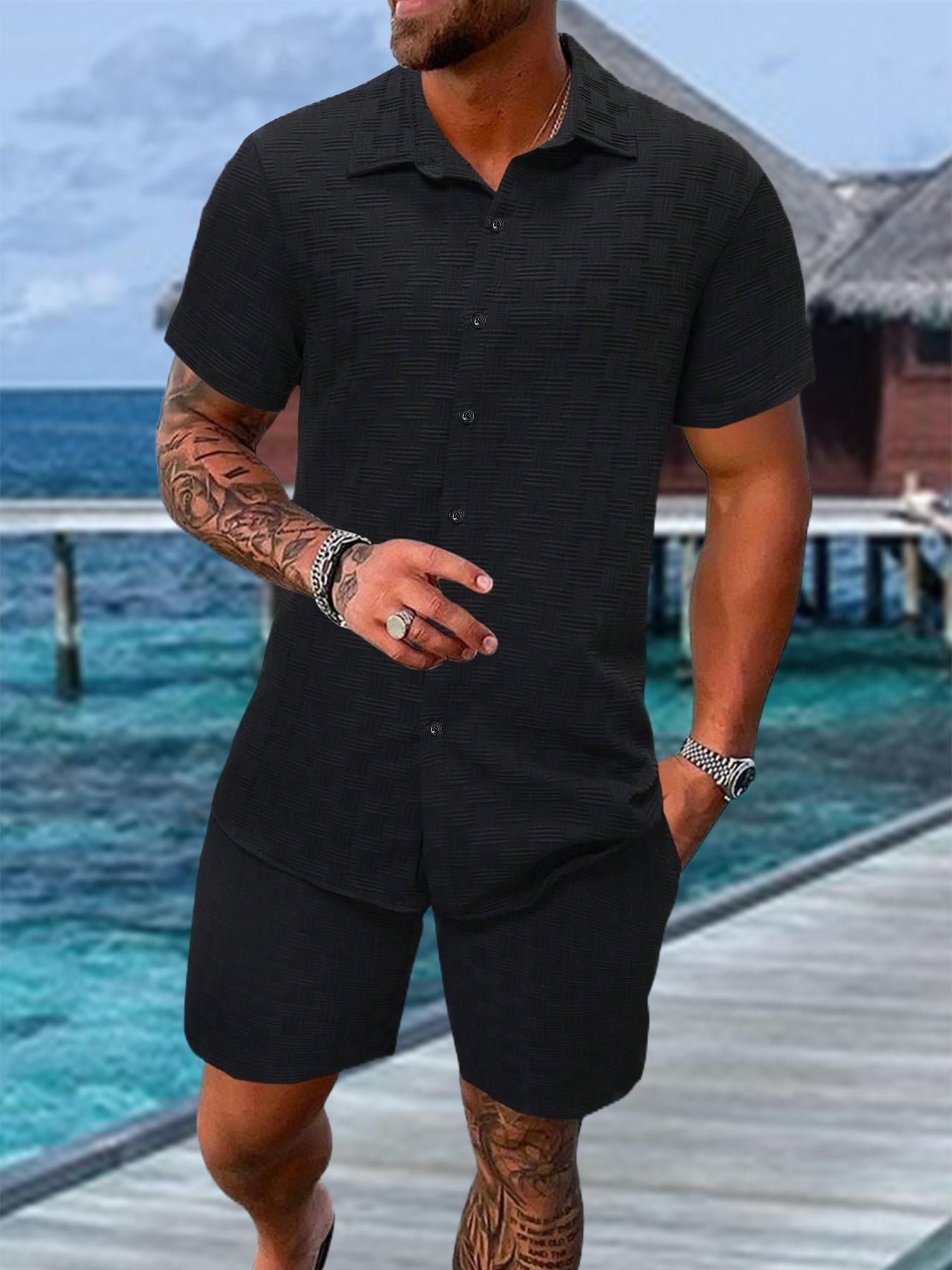 Men's Regular Fit Short Sleeve Pajama Two-piece Set, Casual Comfy Button Up Top & Shorts Pj Set, Men's Summer Sleepwear, Loungewear