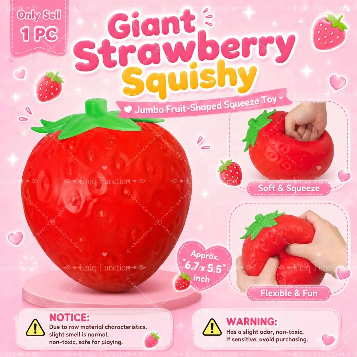 1 PC Giant Strawberry Squishy, Jumbo Strawberry Stress Relief Toy, Realistic Fruit-Shaped Slow Rising Squeeze Toy, Approx. 6.7 × 5.5 Inch Soft Handheld Fidget Toy for Home, Office, Travel and Party Favor, Squishies Fidgets, Stress Relief Tools