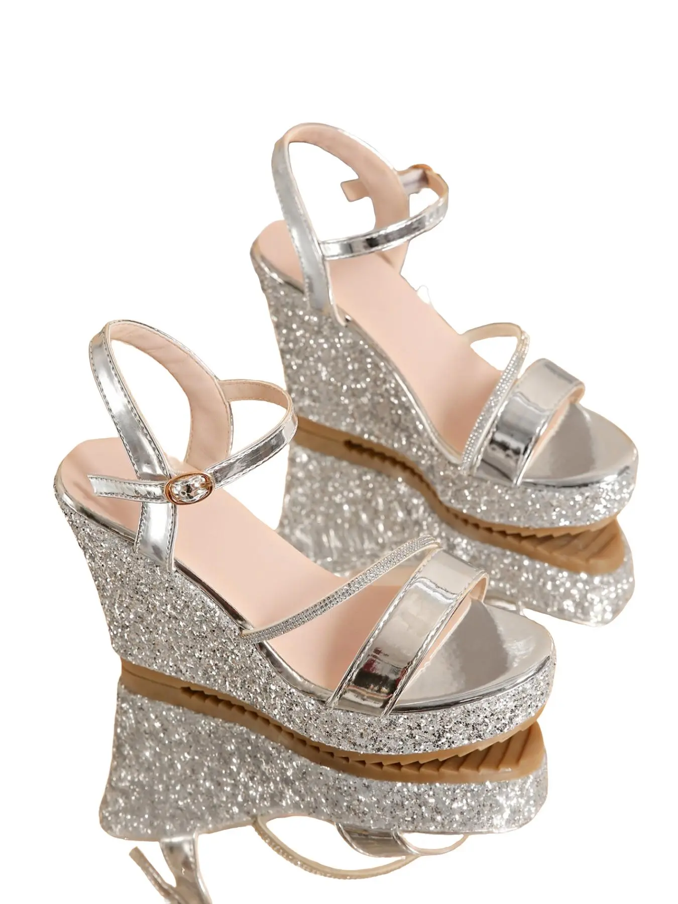 Summer Glitter Rhinestone Wedge Heels Women, Waterproof Platform Buckle Open-Toe Sandals, Perfect for Vacation and Parties