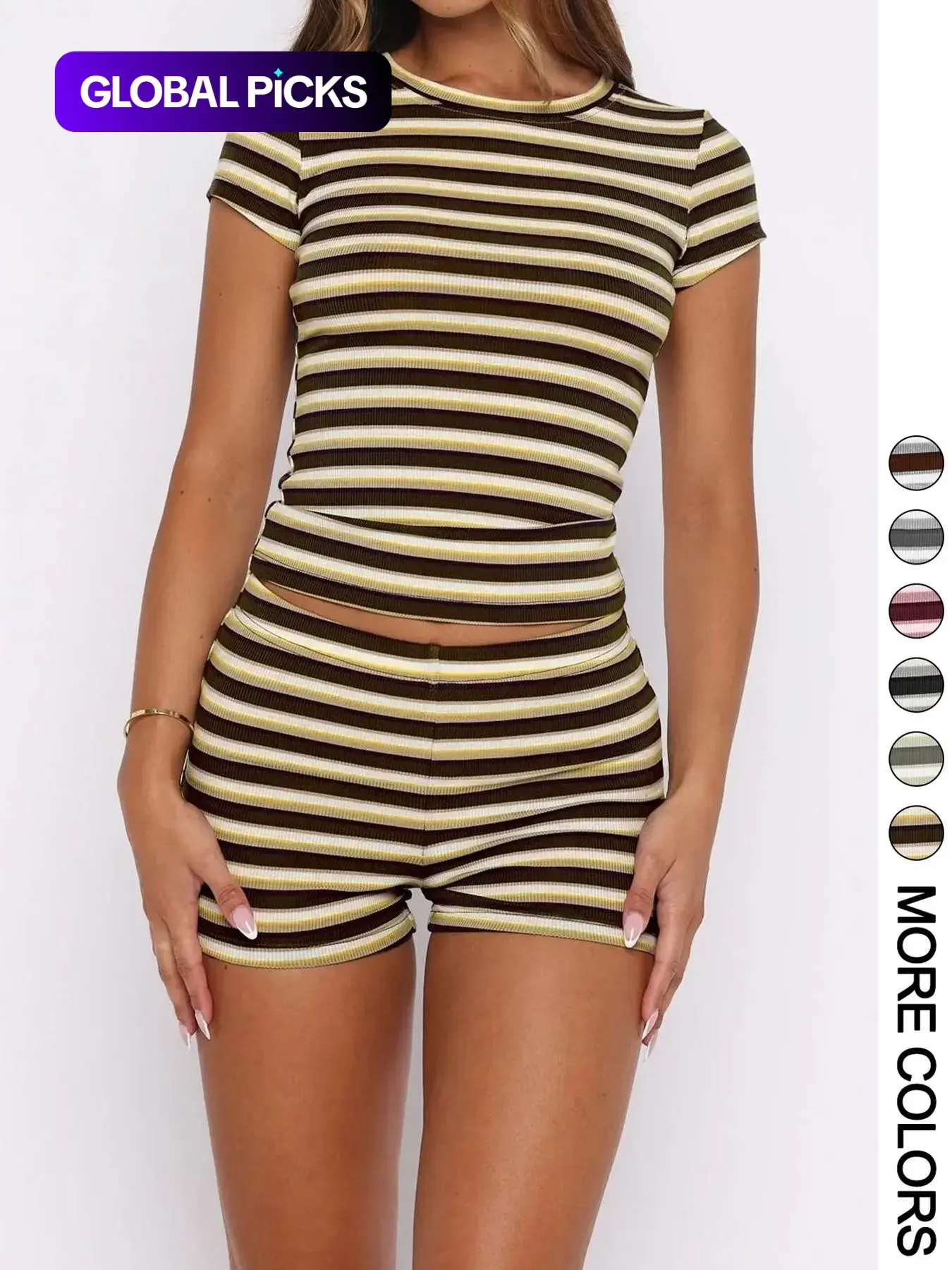 Women's Summer Olive Striped Casual Slim Fit Chic Matching Coordinate Two-Piece Outfit Set, Round Neck Short Sleeve Top + High Waist Mini Shorts Shortie Set #GLOBAL PICKS