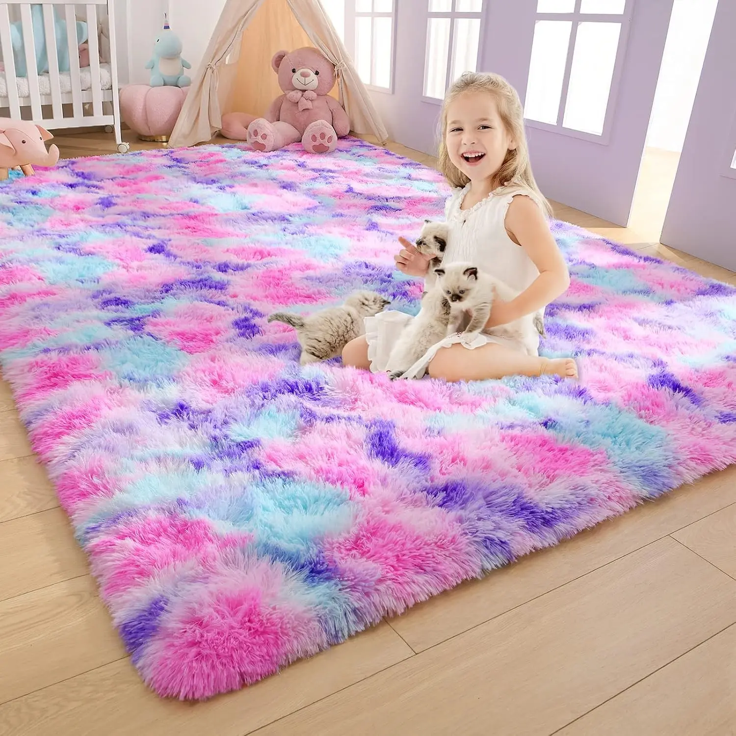Soft Rainbow Area Rugs for Girls Room 4x6 Feet, Fluffy Bedroom Rugs, Princess Rug, Cute Colorful Carpet for Kids Teens Nursery Toddler, Hot Pink