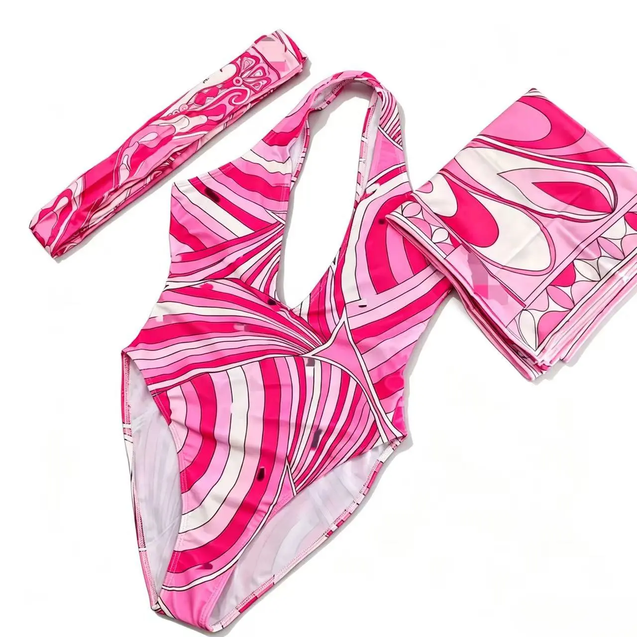 QRStriped bikini with belly-covering scarf, women's three-piece swimsuit for seaside vacation