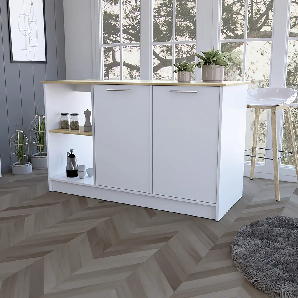 Nokaa Modern Particle Board Kitchen Island - 59x25x35", Stationary Base, Spacious Countertop, Double Doors Cabinets, 2 Open Shelves, Rectangular Design, Multi-Color Options for Kitchen Storage & Workspace
