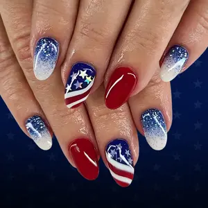 Press On Nails (24-Pack) - Short Square, Glossy, American Flag Gradient, White French Glitter Design Fashion Accessory