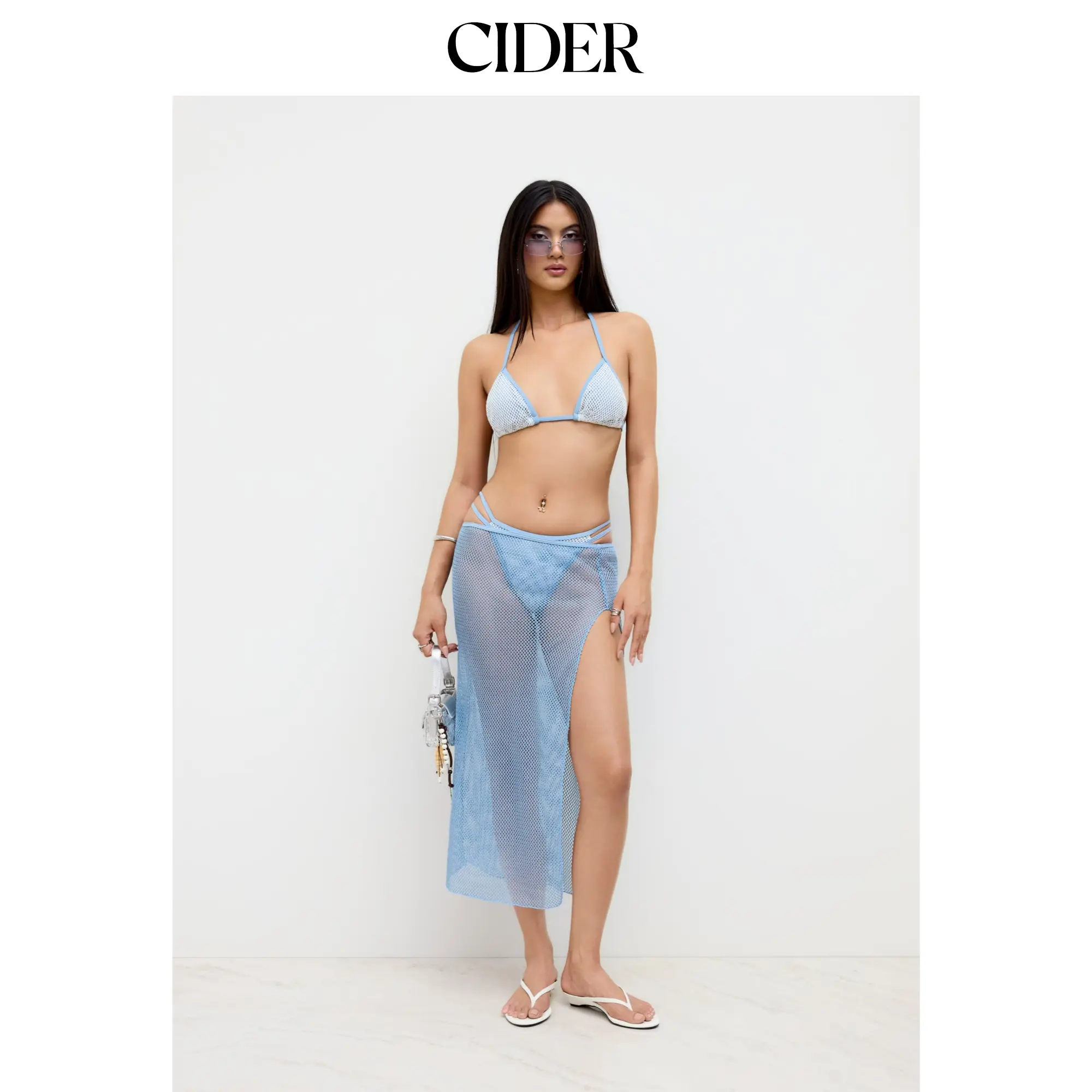 Cider Halter Neckline Contrasting Binding Crochet Triangle Cheeky Bikini Set With Cover Up Skirt