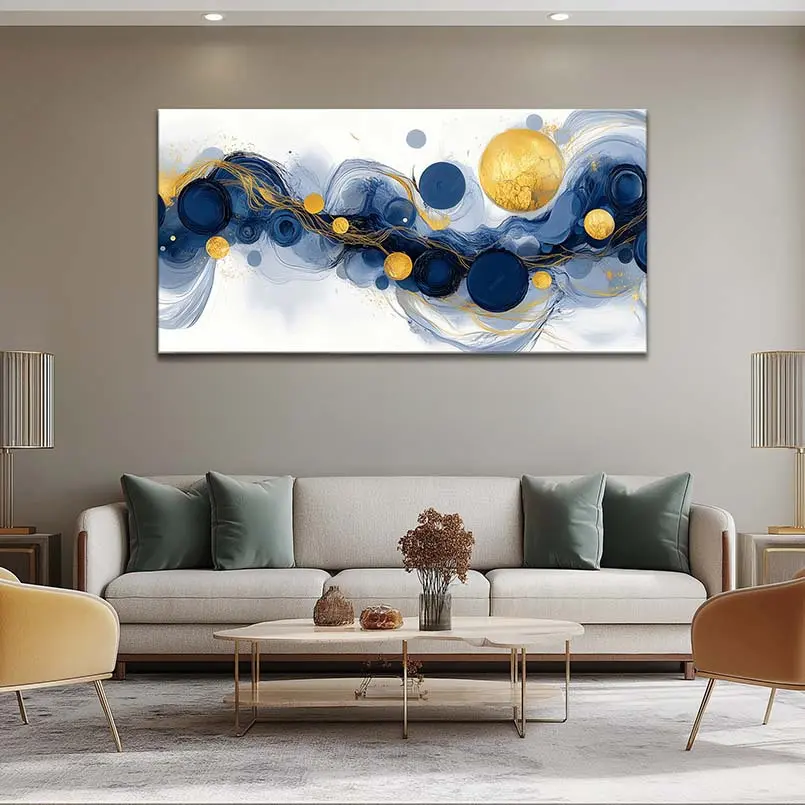 Abstract Blue-Black-Gold-White-Navy Modern Landscape Canvas Wall Art - Gallery Wrap Wooden Stretcher Frame, Multi-Size Home Decor for Living Room Decor & Interior Walls, Pine Wood Frame