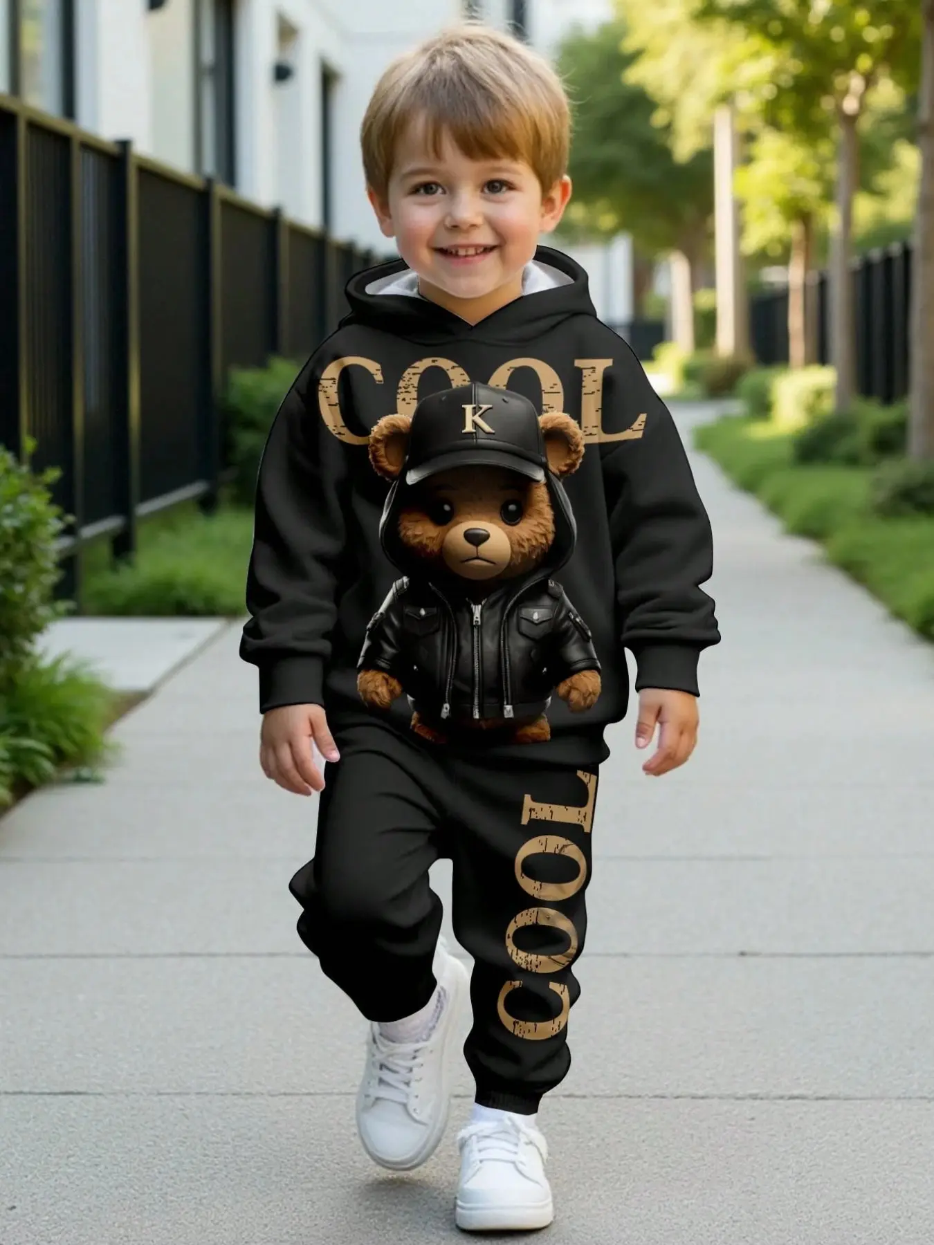 Boys' Cartoon Sweatshirt and Pants Matching Set, 4 Styles: Cool Bear/dinosaur/striped Bear/letter Print, Fall & Winter Two-Piece