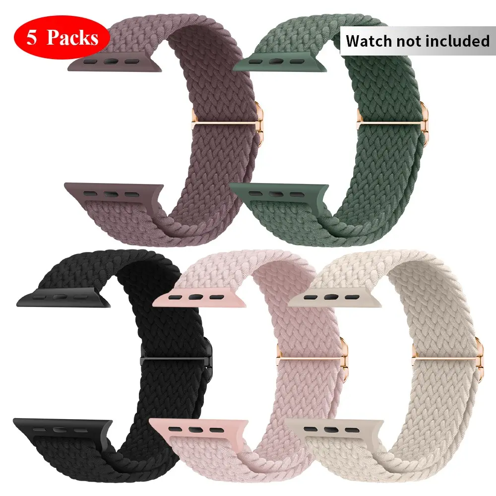 Braided Nylon Watch Band, Adjustable Fashion Watch Band, 5-Count Sport Elastic Nylon Cloth Watch Wristband, Smartwatch Strap for Apple Watch Series 9, 8, SE, 7, 6, 5, 4, 3, 2 and 1, Smartwatch Replacement Straps